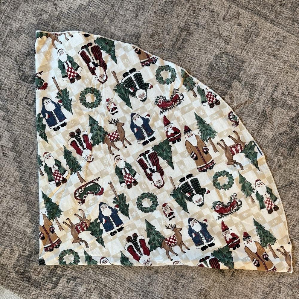 Vtg MCM Christmas Holiday Festive Santa Retro Tablecloth 71" Round Checker Check